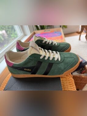 Gola Women’s Green Suede Harrier Sneakers with Pink Accent size 39